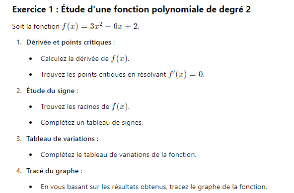 Exercice 1 : Étude d'une fonction polynomiale de degré 2