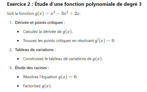 Exercice 2 : Étude d'une fonction polynomiale de degré 3