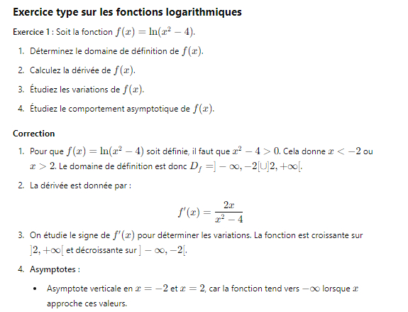 VI./ Exercice type sur les fonctions logarithmiques et correction