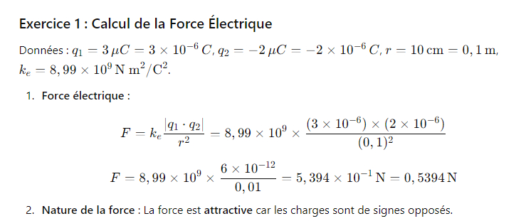 Correction Exercice 1 : Calcul de la Force Électrique