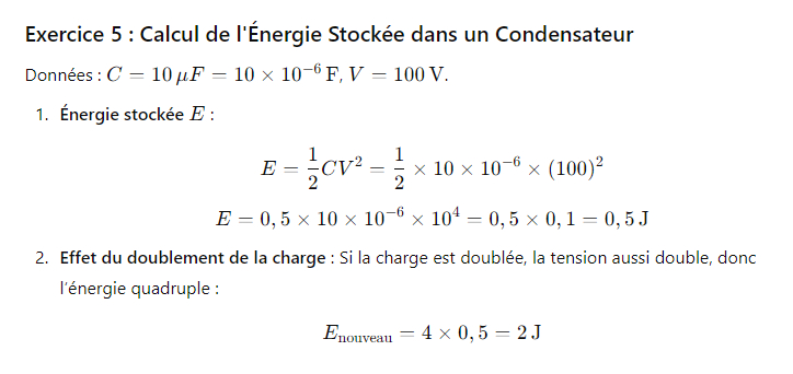 Correction Exercice 5 : Calcul de l'Énergie Stockée dans un Condensateur