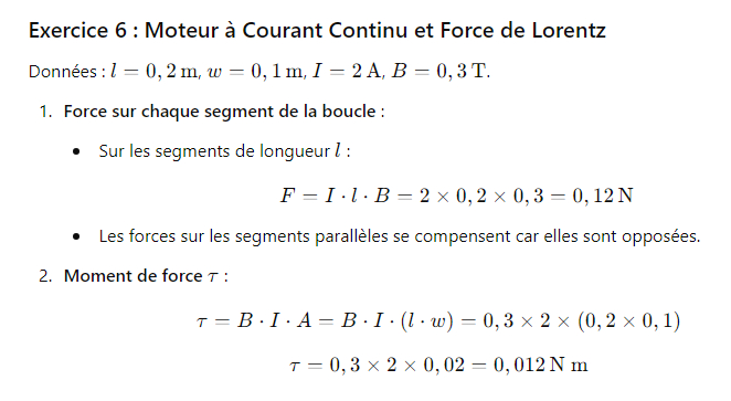 Correction Exercice 6 : Moteur à Courant Continu et Force de Lorentz